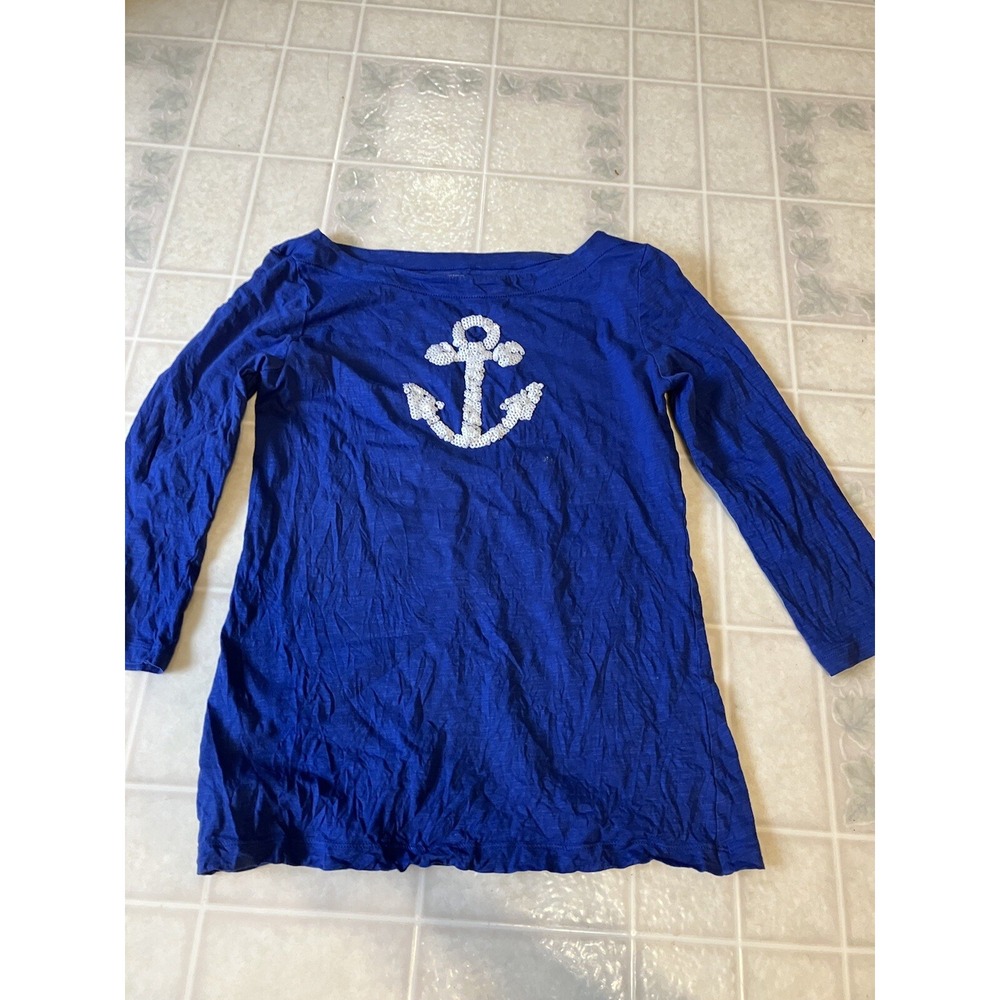 Ann Taylor Loft T Shirt Small Petite Anchor Sequin Blue 3/4 Sleeve Tee